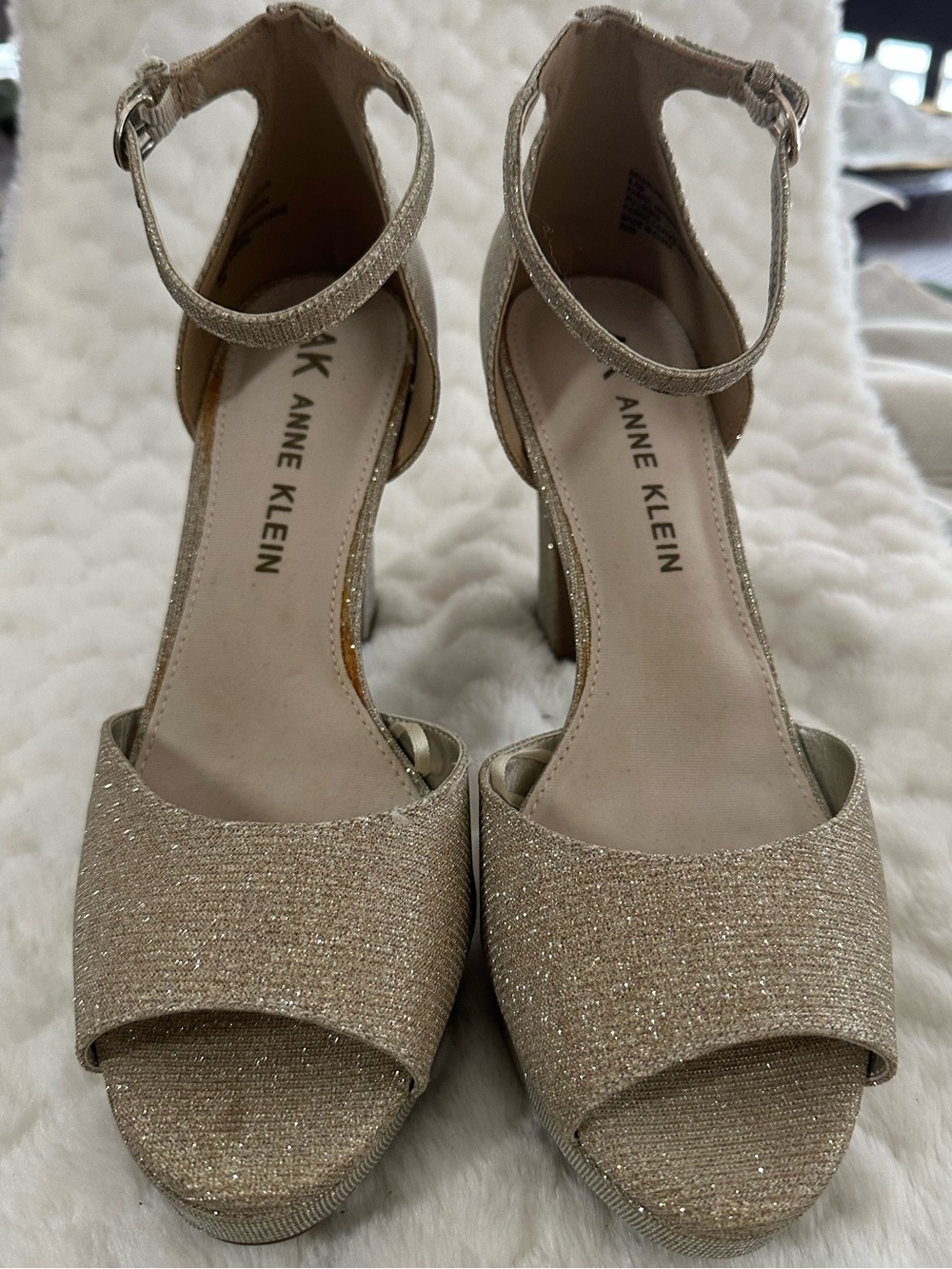 Anne Klein Champagne Glitter Ankle-Strap Block Heels